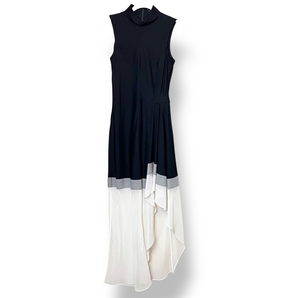 Theory Wool Silk High Low Maxi Dress 4 black white gray high neck flowy‎ neutral